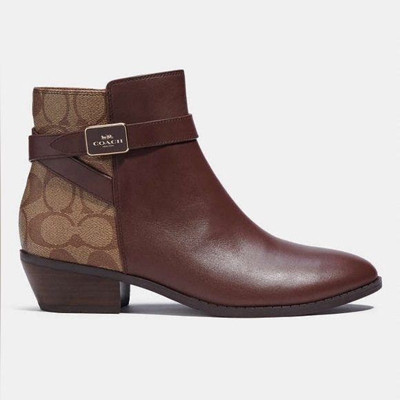 NWOT Coach Dean Booties Leather Boots Brown & Tan Gold Coach Logo Accents! New! - Picture 2 of 11